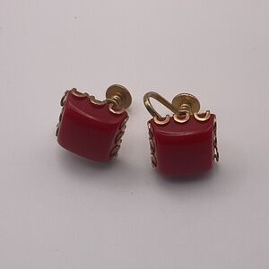 Vintage Gold Tone Delsa Screw Back Earrings with Red Lucite Bead